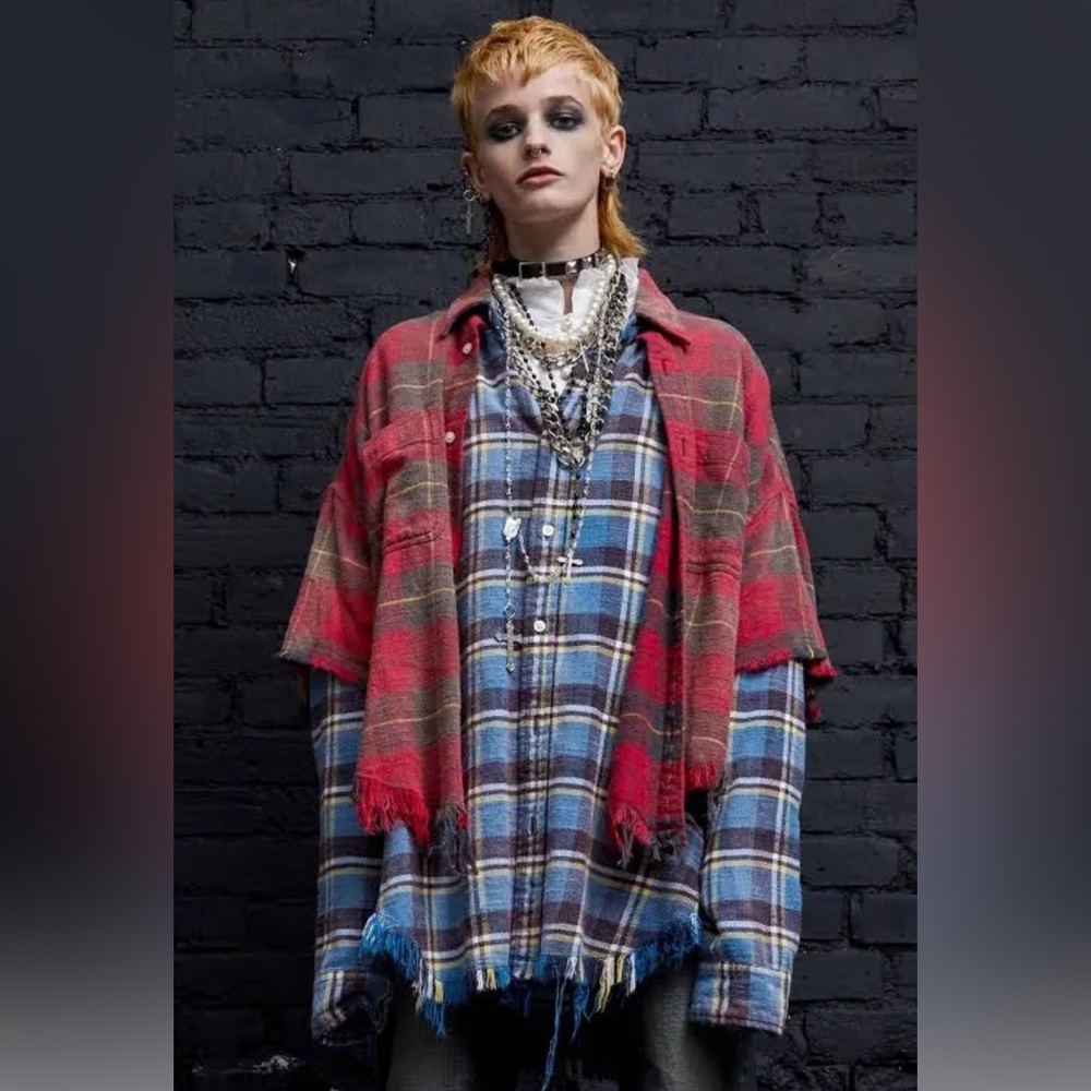 R13 Double Red and Blue Button Down Flannel